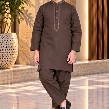 Boys Dark Brown Wash & Wear Shalwar Kameez | 3–14 Years