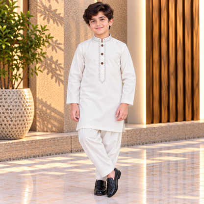 Boys Off White Wash & Wear Shalwar Kameez | Ages 4 To 14 Years