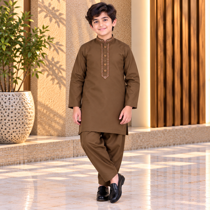 Boys Coffee Brown Wash & Wear Shalwar Kameez | Ages 4 To 14 Years
