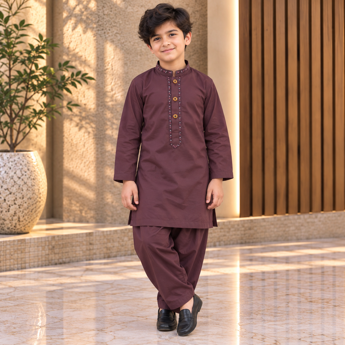 Boys Mehroon Wash & Wear Shalwar Kameez | Ages 4 To 14 Years
