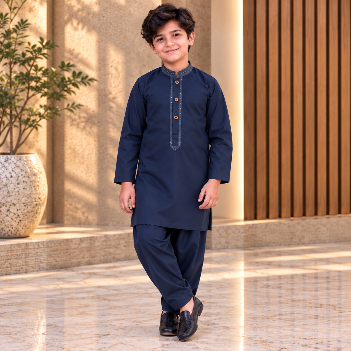 Boys Navy Blue Wash & Wear Shalwar Kameez | Ages 4 To 14 Years