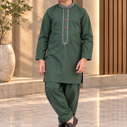 Boys Dark Green Wash & Wear Shalwar Kameez | Ages 4 To 14 Years
