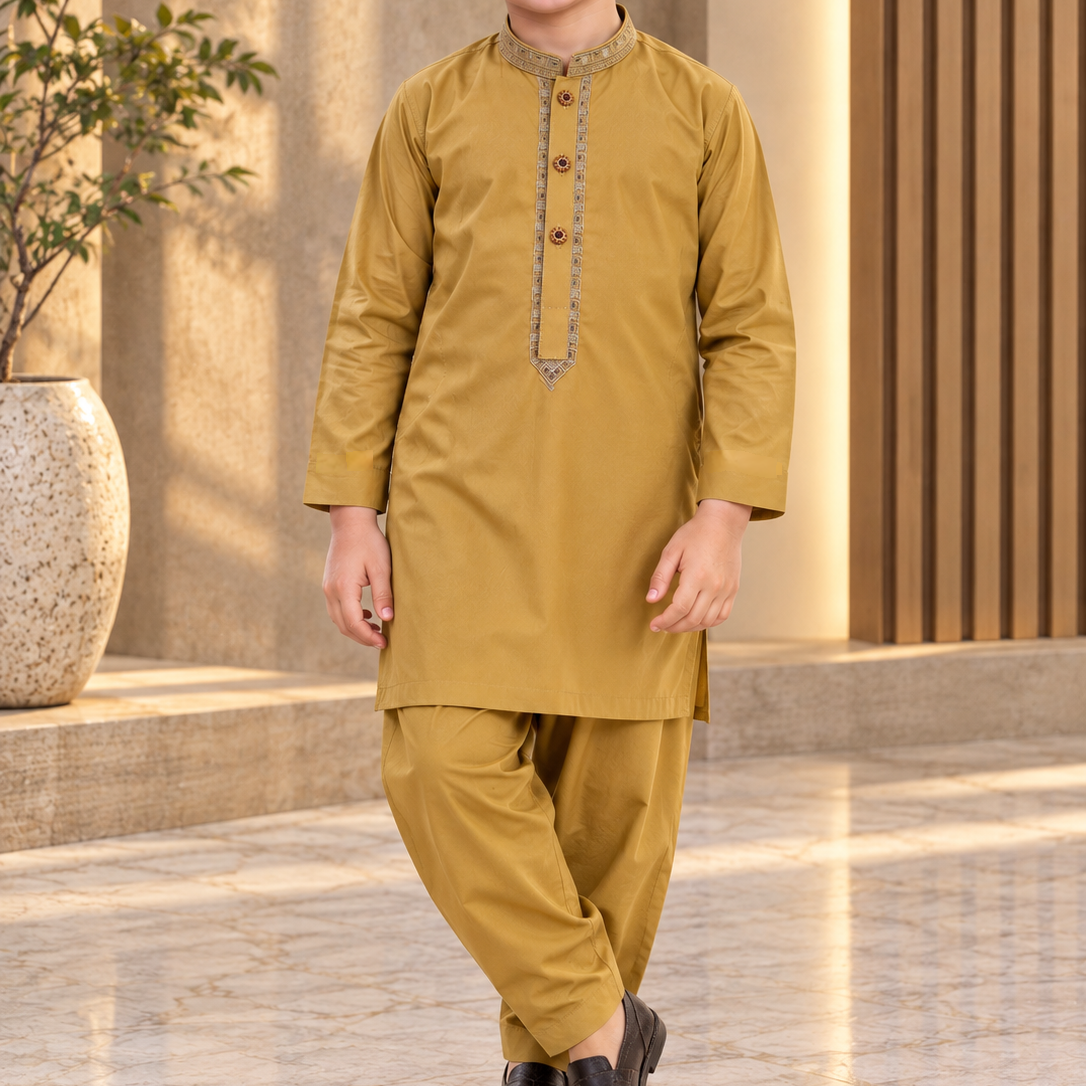 Boys Mustard Wash & Wear Shalwar Kameez | Ages 4 To 14 Years
