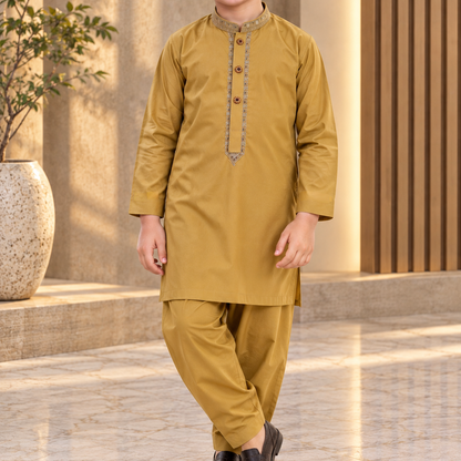 Boys Mustard Wash & Wear Shalwar Kameez | Ages 4 To 14 Years