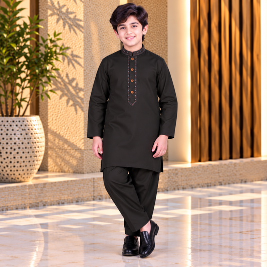 Boys Black Wash & Wear Shalwar Kameez | 3–14 Years