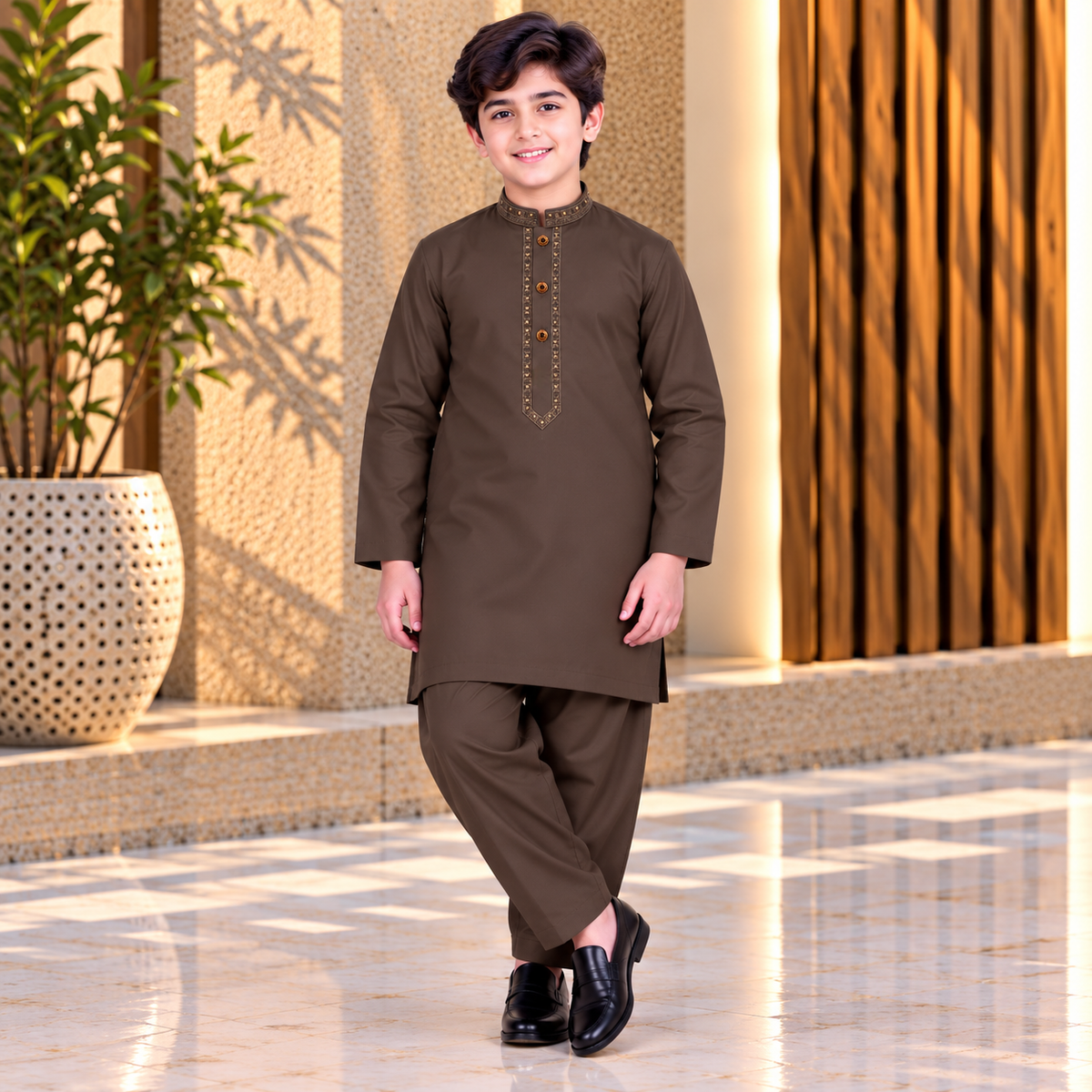 Boys Dark Brown Wash & Wear Shalwar Kameez | 3–14 Years
