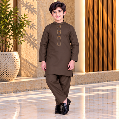 Boys Dark Brown Wash & Wear Shalwar Kameez | 3–14 Years