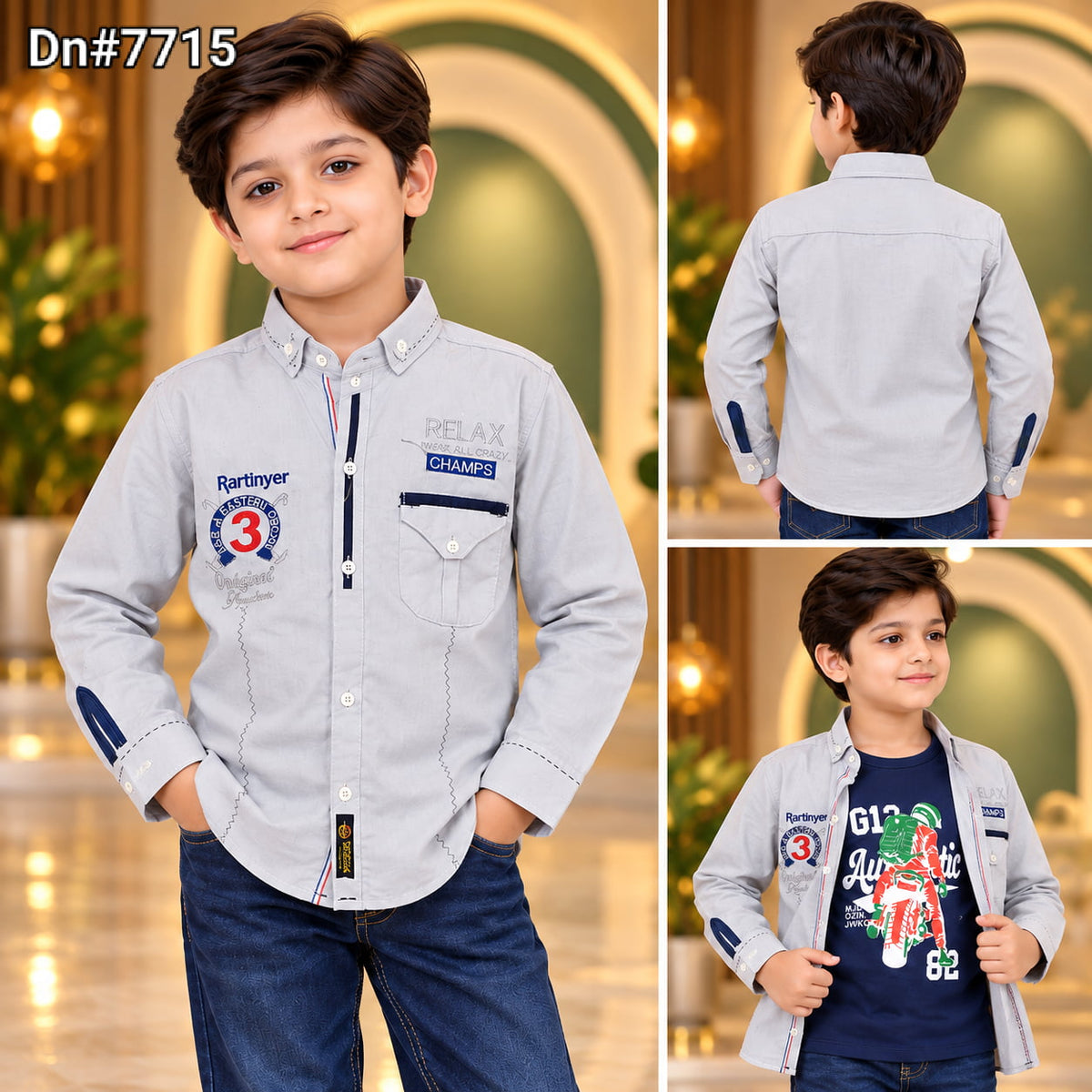 Boys Cotton Shirt with Stitched Inner – Grey | 4 to 12 Years