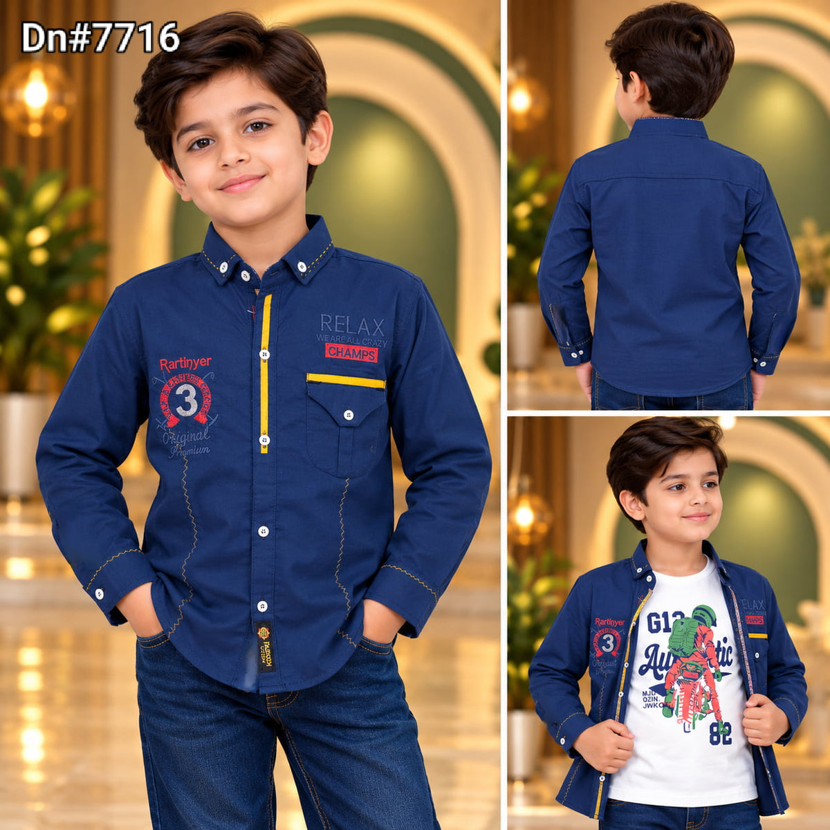Boys Cotton Shirt with Stitched Inner – Blue | 4 to 12 Years