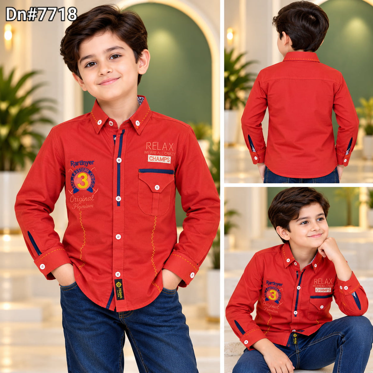 Boys Cotton Shirt with Stitched Inner – Red | 4 to 12 Years