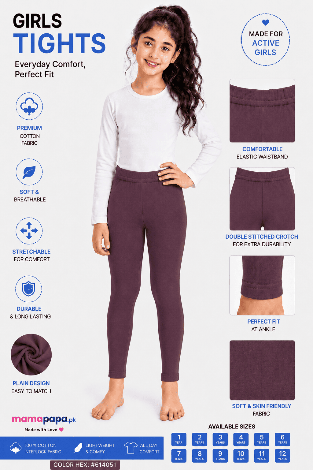 Dark Mauve Girls Tights (1-12 Years)